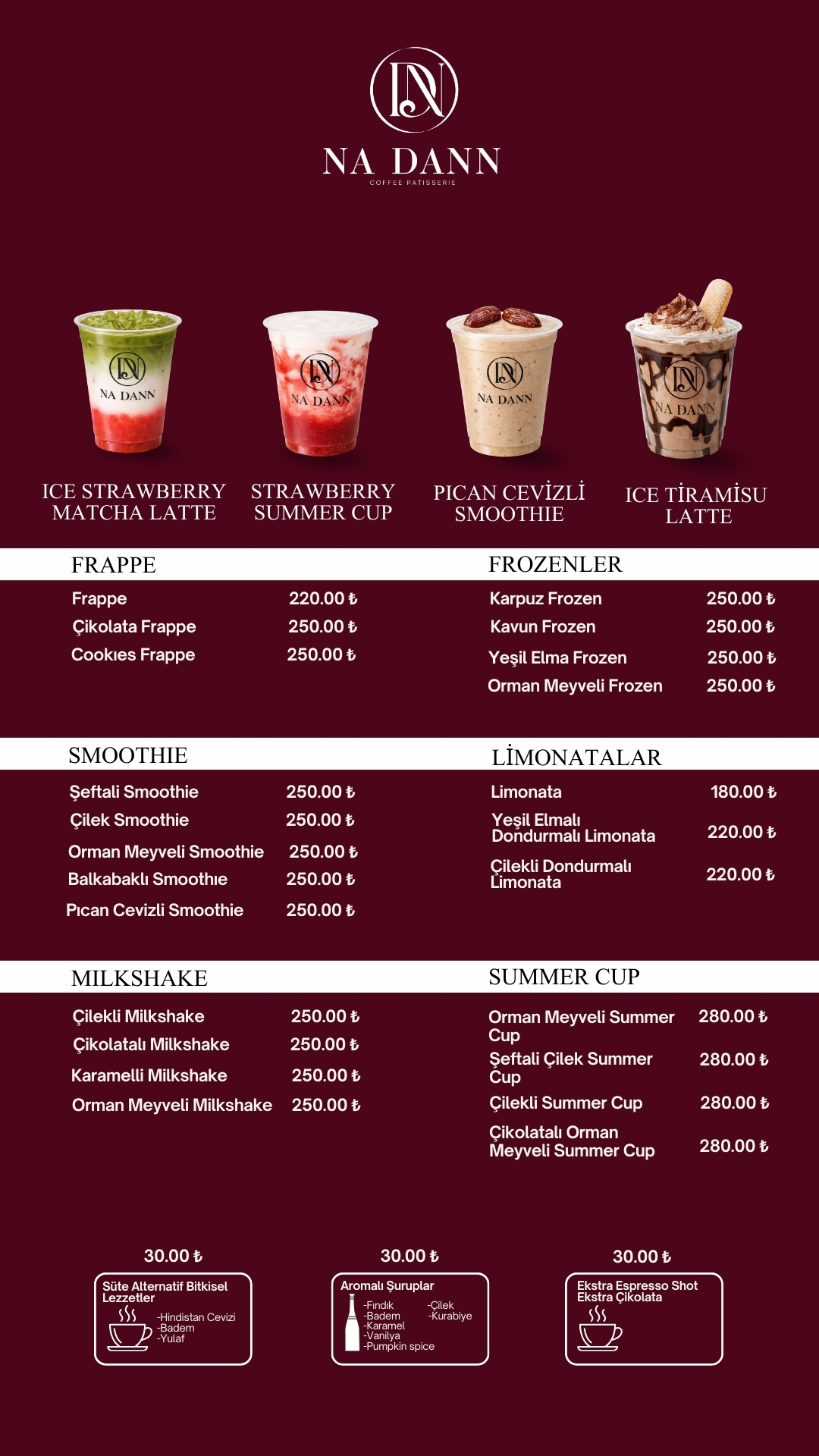 Na Dann menü — Frappe · Smoothie · Limonata